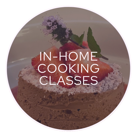 Clickable image of chocolate torte with strawberries leading to In-Home Cooking Classes page
